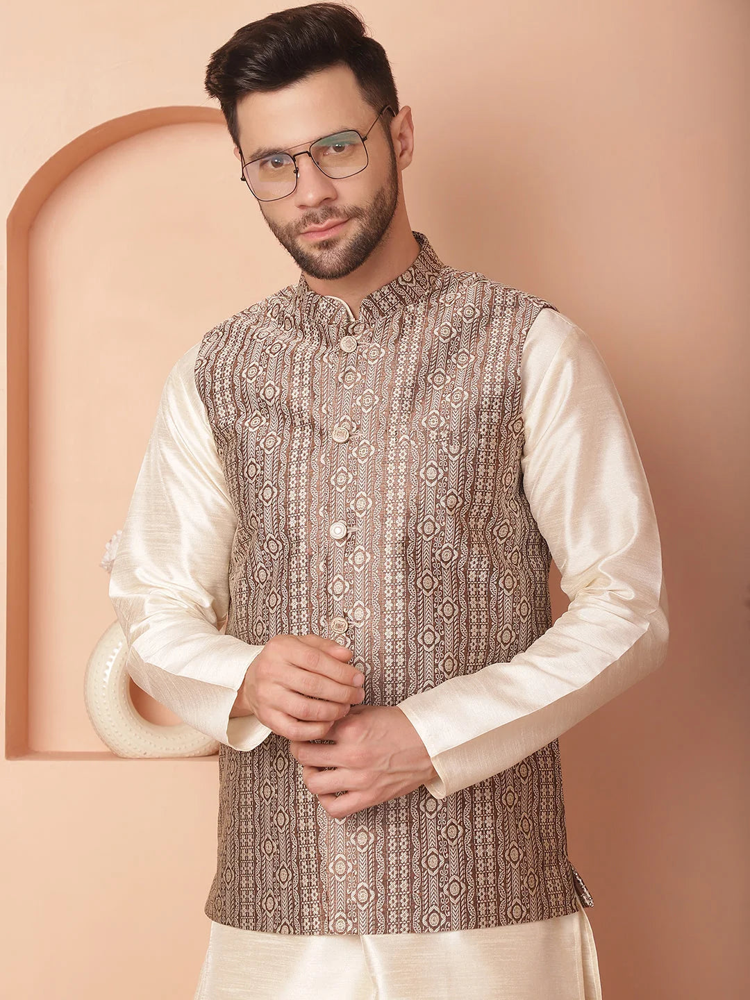 Men's Woven Design Nehru Jacket-JOWC-4098Brown