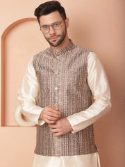 Men's Woven Design Nehru Jacket-JOWC-4098Brown