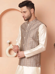 Men's Woven Design Nehru Jacket-JOWC-4098Brown