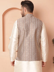 Men's Woven Design Nehru Jacket-JOWC-4098Brown