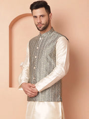 Men's Woven Design Nehru Jacket-JOWC-4098Green