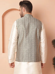 Men's Woven Design Nehru Jacket-JOWC-4098Green
