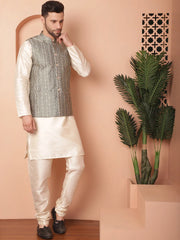 Men's Woven Design Nehru Jacket-JOWC-4098Green