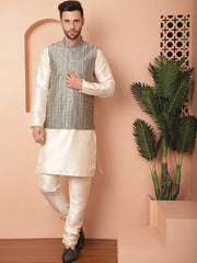 Men's Woven Design Nehru Jacket-JOWC-4098Green