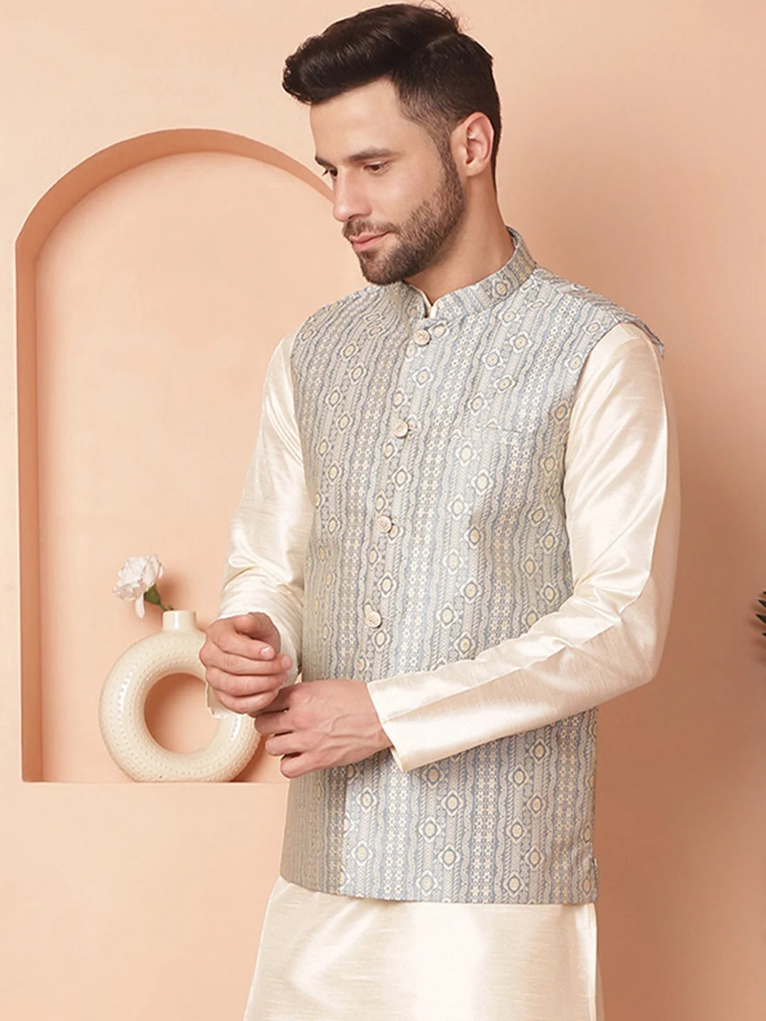 Sky Blue Men's Nehru Jacket - Indian Ethnic Wear Collection