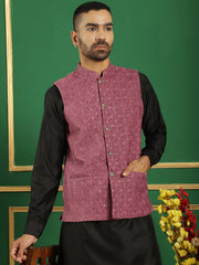 Men's Sequins Velvet Nehru Jacket-JOWC-4099Magenta