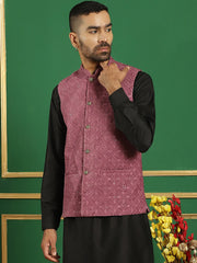 Men's Sequins Velvet Nehru Jacket-JOWC-4099Magenta