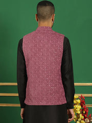 Men's Sequins Velvet Nehru Jacket-JOWC-4099Magenta