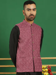 Men's Sequins Velvet Nehru Jacket-JOWC-4099Magenta
