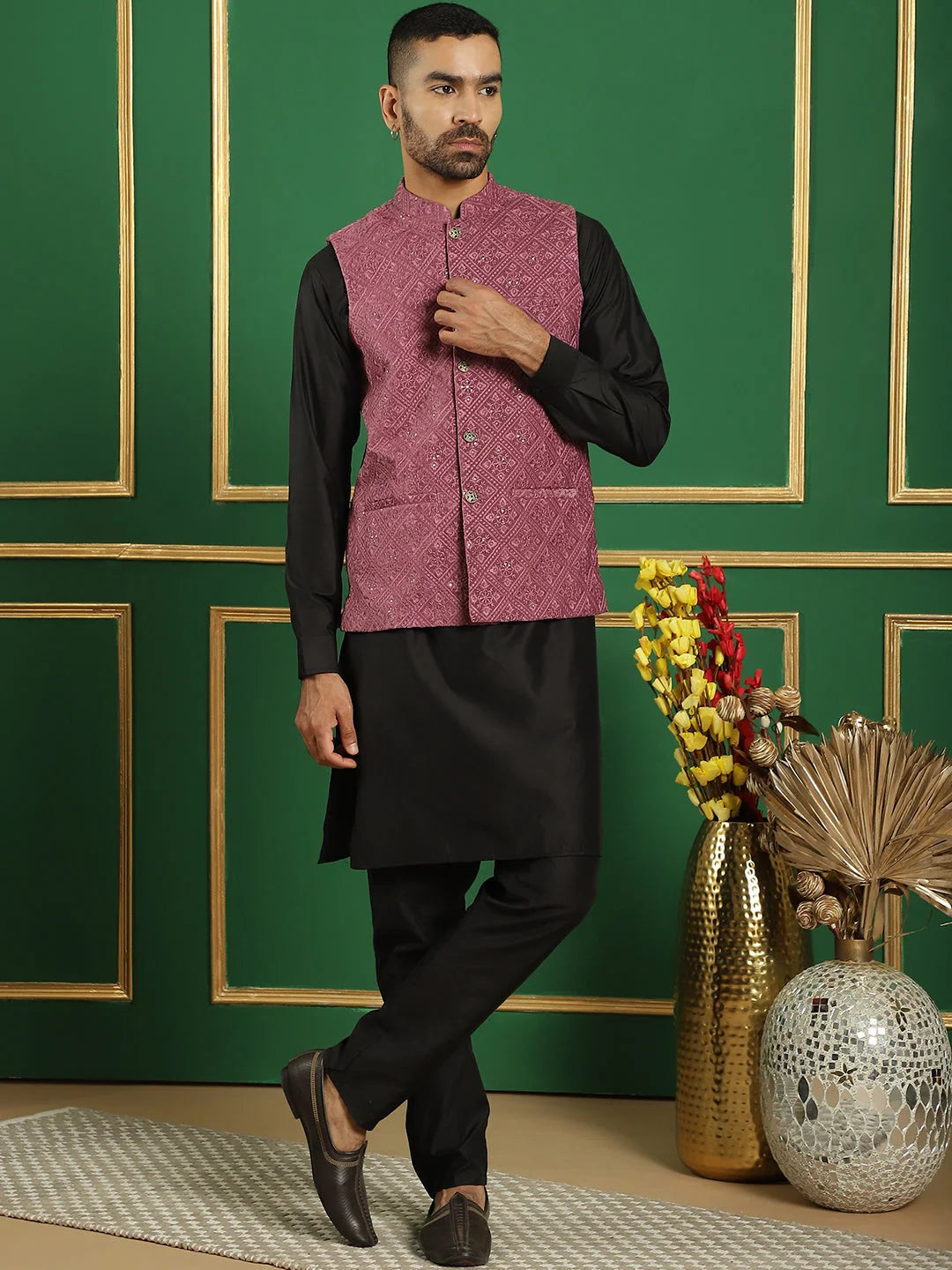 Magenta Velvet Nehru Jacket - Men's Ethnic Nehru Jackets