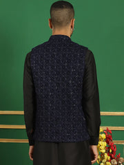 Men's Sequins Velvet Nehru Jacket-JOWC-4099Navy