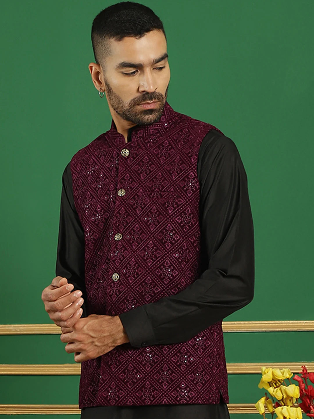 Purple Velvet Nehru Jacket: Men's Ethnic Wear for Weddings