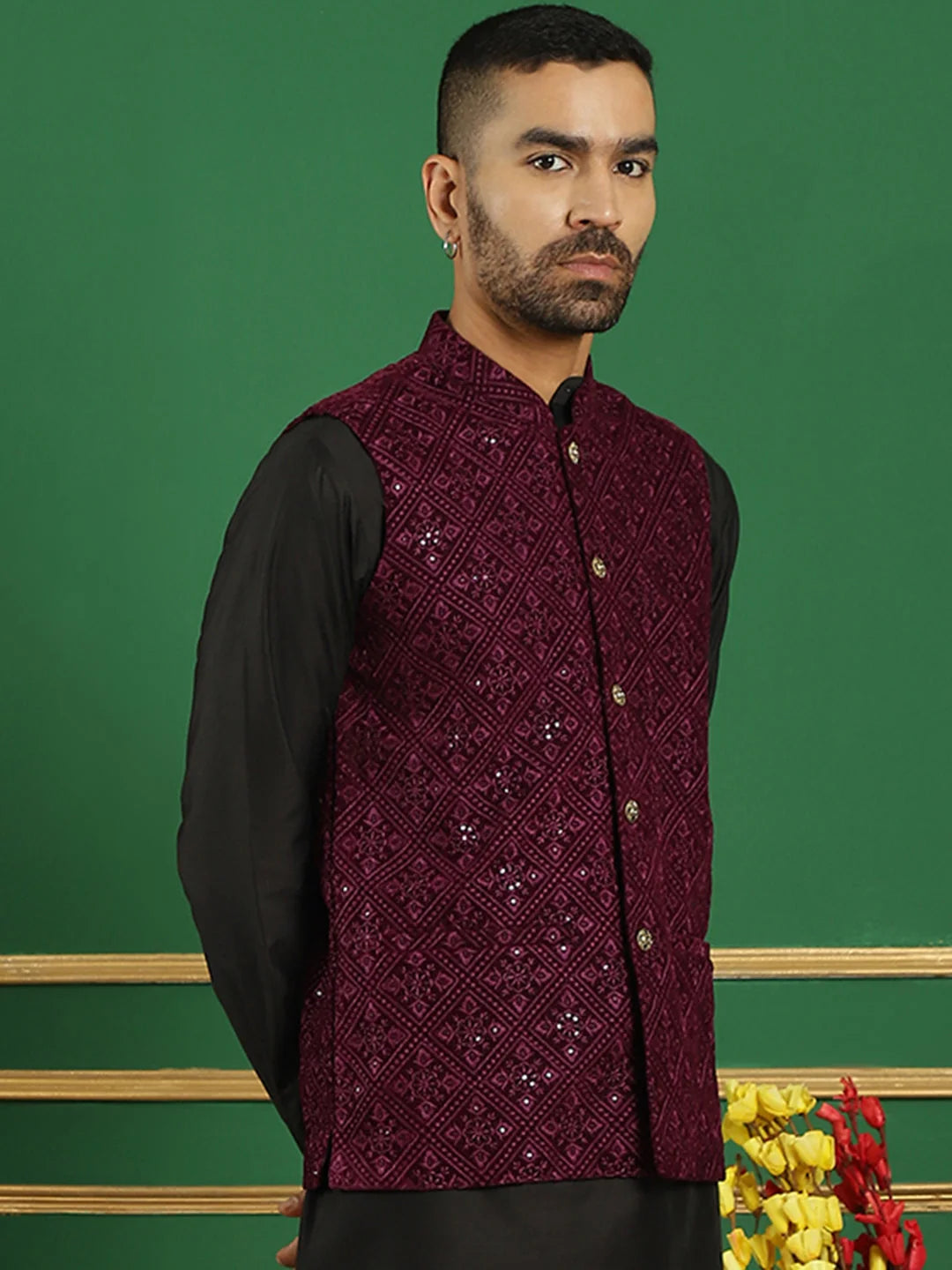 Purple Velvet Nehru Jacket: Men's Ethnic Wear for Weddings