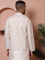 Floral Printed and Embroidered Nehru Jacket for Men-JOWC-4100Off-White