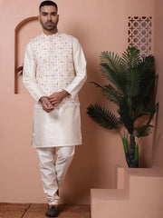 Floral Printed and Embroidered Nehru Jacket for Men-JOWC-4100Off-White