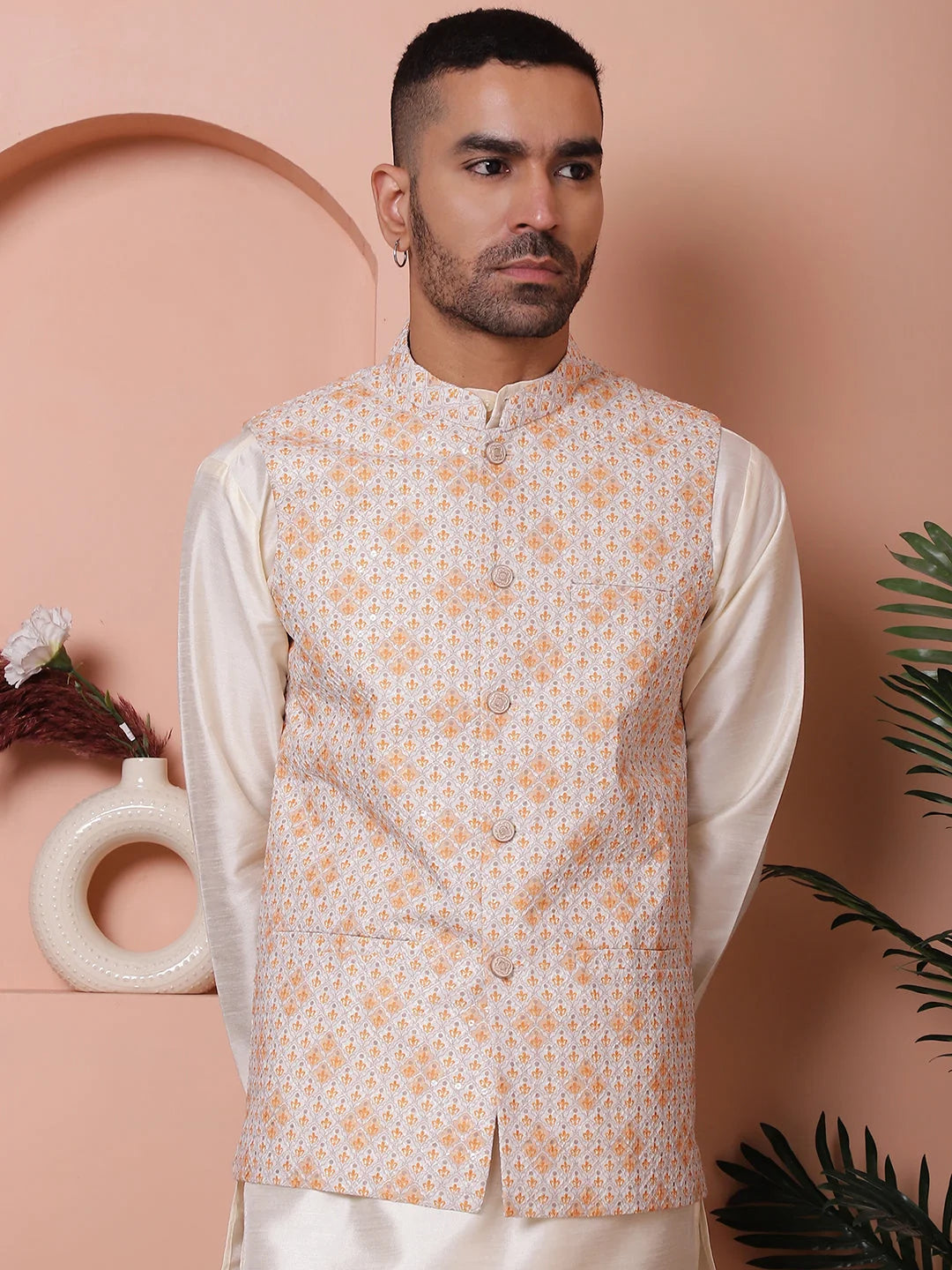 Floral Printed and Embroidered Nehru Jacket for Men-JOWC-4100Orange