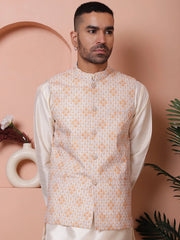 Floral Printed and Embroidered Nehru Jacket for Men-JOWC-4100Orange
