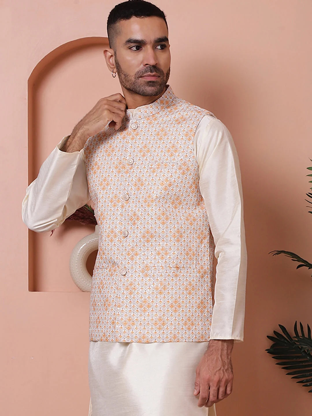 Orange Floral Nehru Jacket - Indian Nehru Jackets for Men