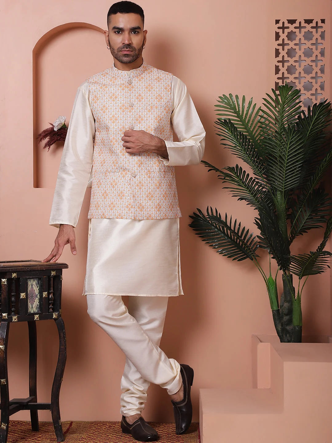 Orange Floral Nehru Jacket - Indian Nehru Jackets for Men