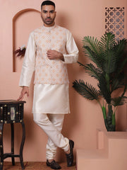Floral Printed and Embroidered Nehru Jacket for Men-JOWC-4100Orange