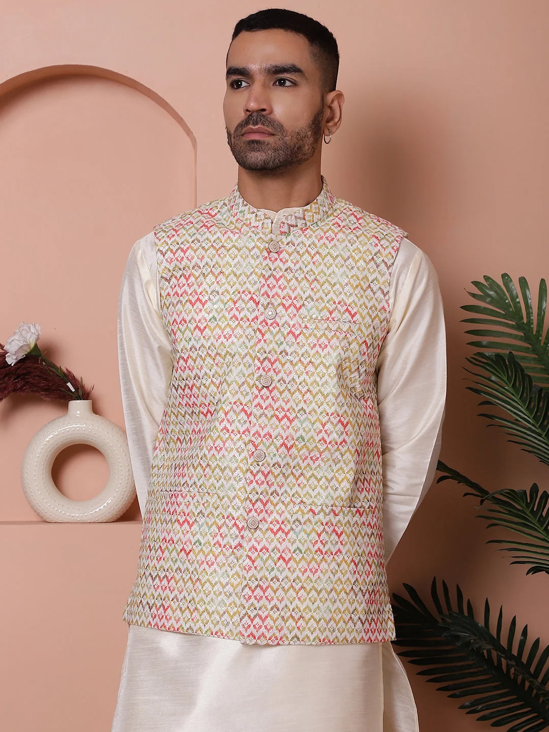 Yellow Floral Embroidered Nehru Jacket - Men's Ethnic Wear