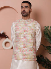Floral Printed and Embroidered Nehru Jacket for Men-JOWC-4100Yellow