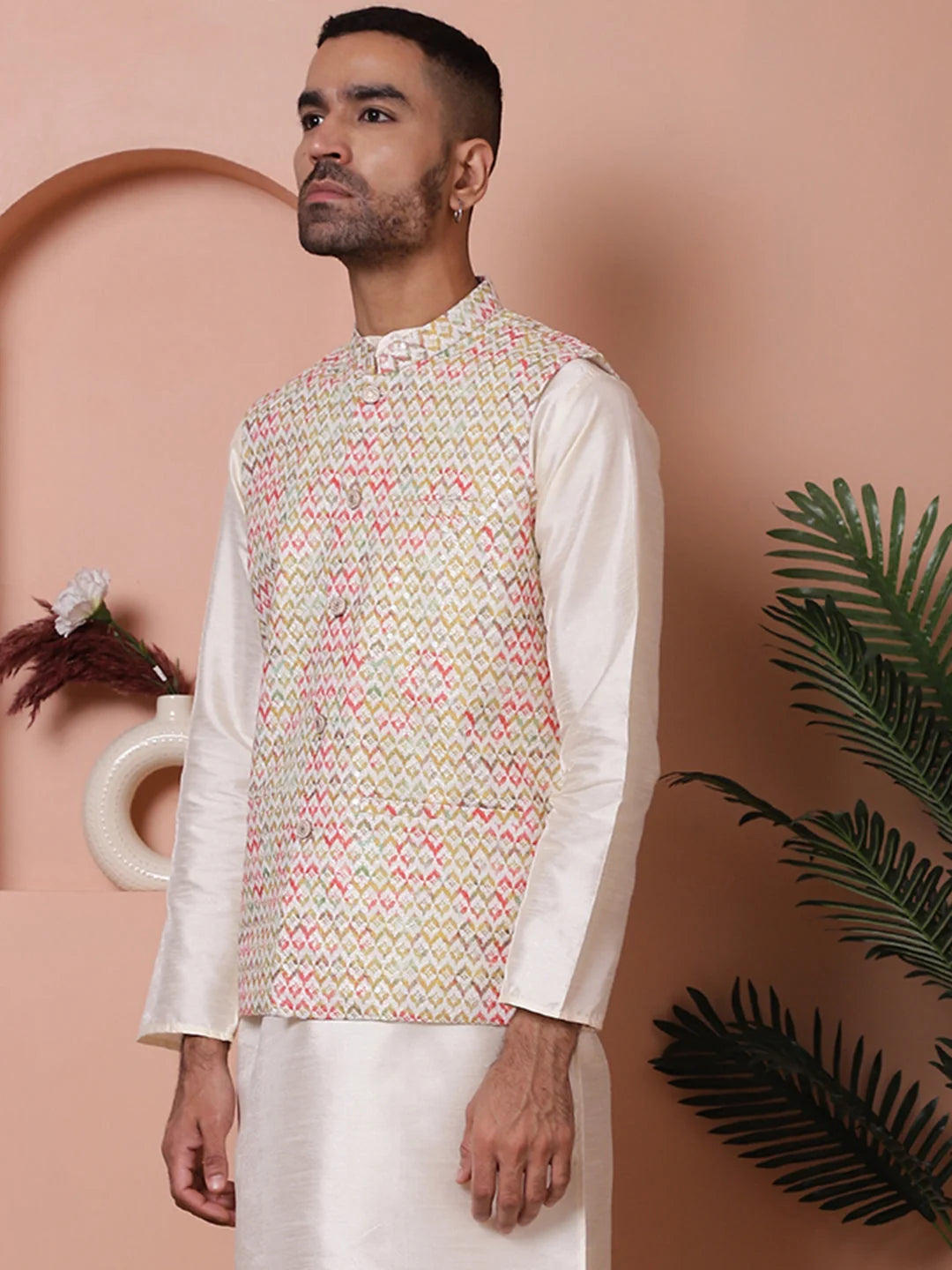 Yellow Floral Embroidered Nehru Jacket - Men's Ethnic Wear