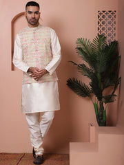 Floral Printed and Embroidered Nehru Jacket for Men-JOWC-4100Yellow