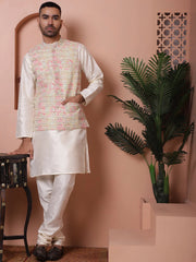Floral Printed and Embroidered Nehru Jacket for Men-JOWC-4100Yellow