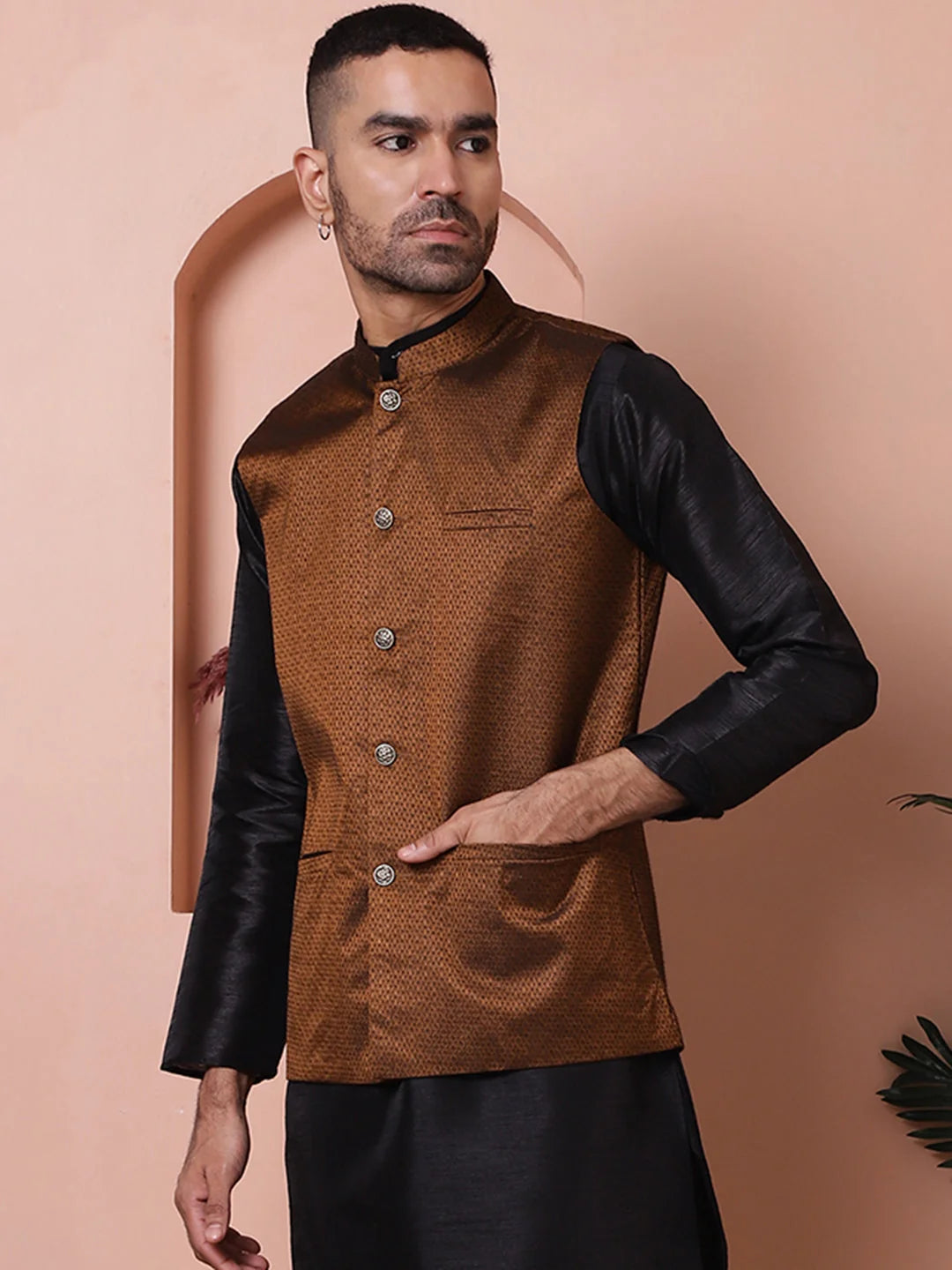 Golden Woven Nehru Jacket - Indian Nehru Jackets for Men