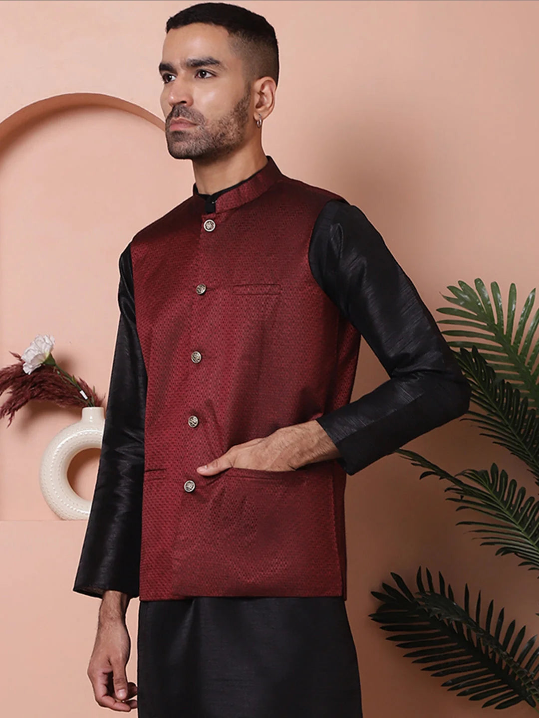 Maroon Woven Design Nehru Jacket - Men's Ethnic Wear