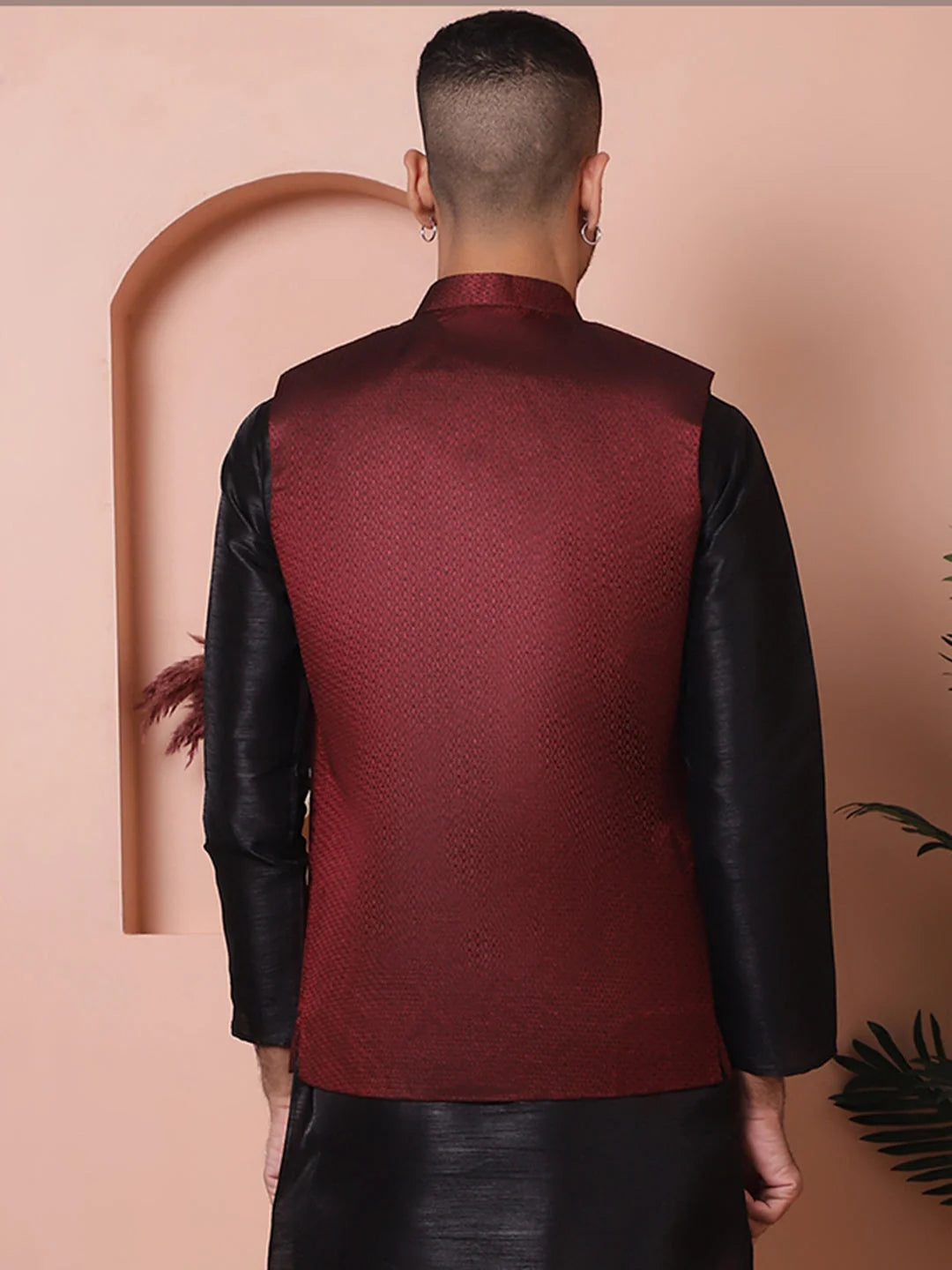 Maroon Woven Design Nehru Jacket - Men's Ethnic Wear