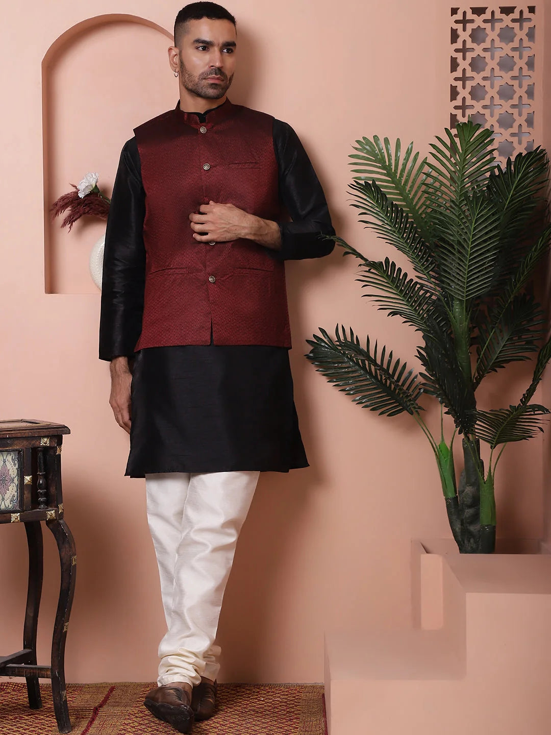 Maroon Woven Design Nehru Jacket - Men's Ethnic Wear