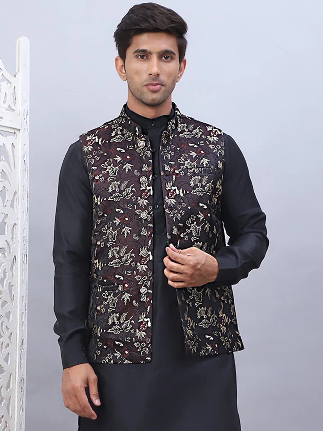 Maroon Embossed Silk Blend Modi Jacket | Nehru Jackets