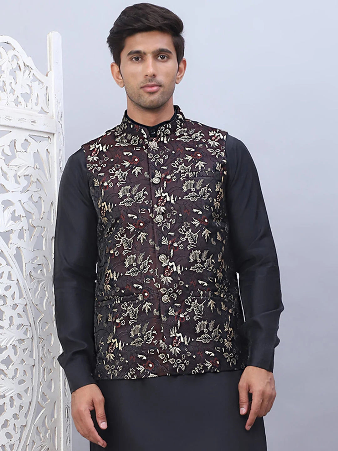 Maroon Embossed Silk Blend Modi Jacket | Nehru Jackets