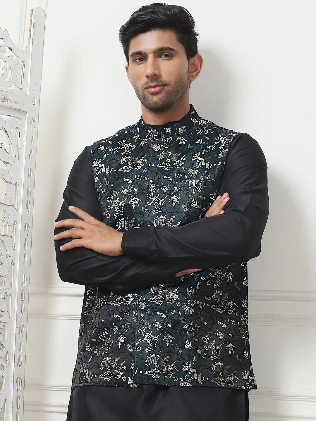 Teal Embossed Silk Blend Nehru Jacket | Modi Jacket