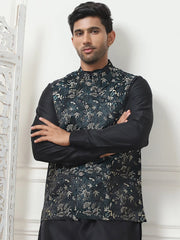 Embossed Silk Blend Nehru Jacket-JOWC-4102Teal
