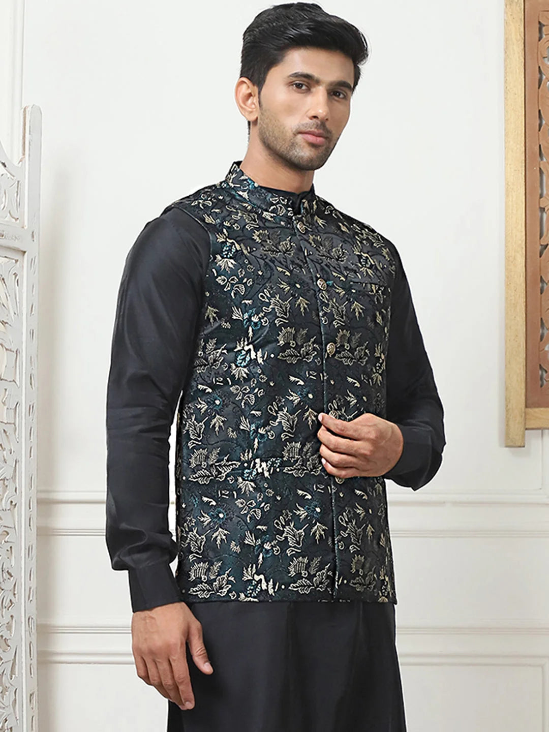 Teal Embossed Silk Blend Nehru Jacket | Modi Jacket
