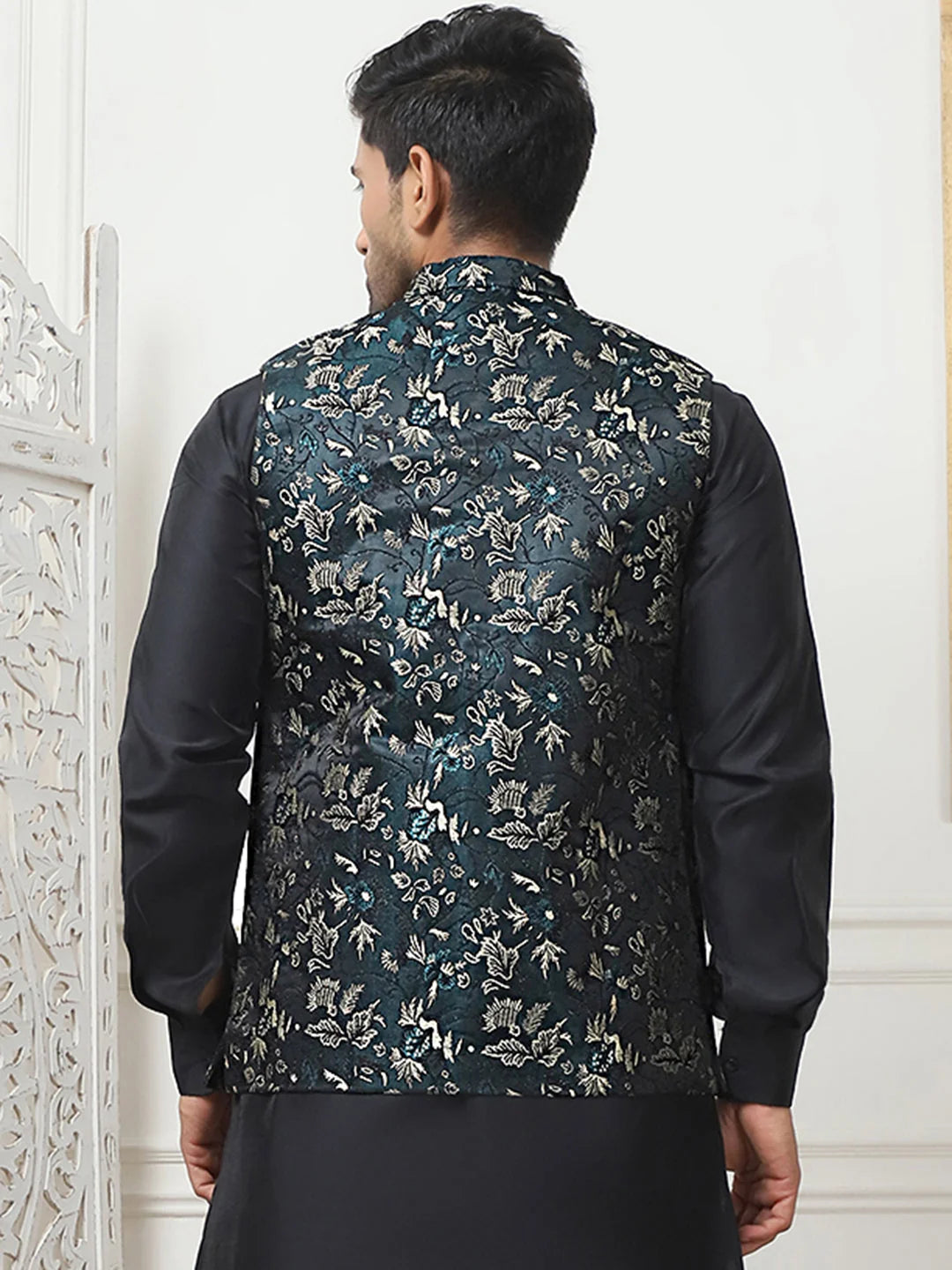 Teal Embossed Silk Blend Nehru Jacket | Modi Jacket