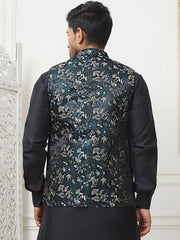 Embossed Silk Blend Nehru Jacket-JOWC-4102Teal