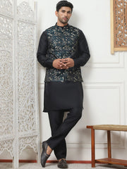 Embossed Silk Blend Nehru Jacket-JOWC-4102Teal