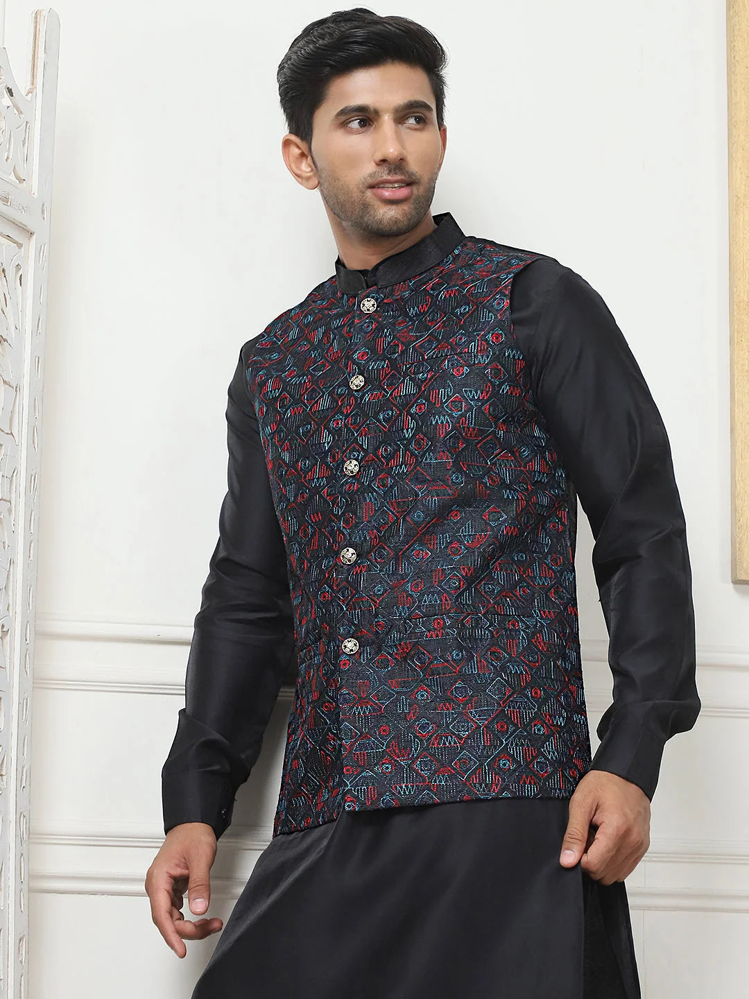 Black Embroidered Silk Blend Nehru Jacket | Men's Ethnic Wear