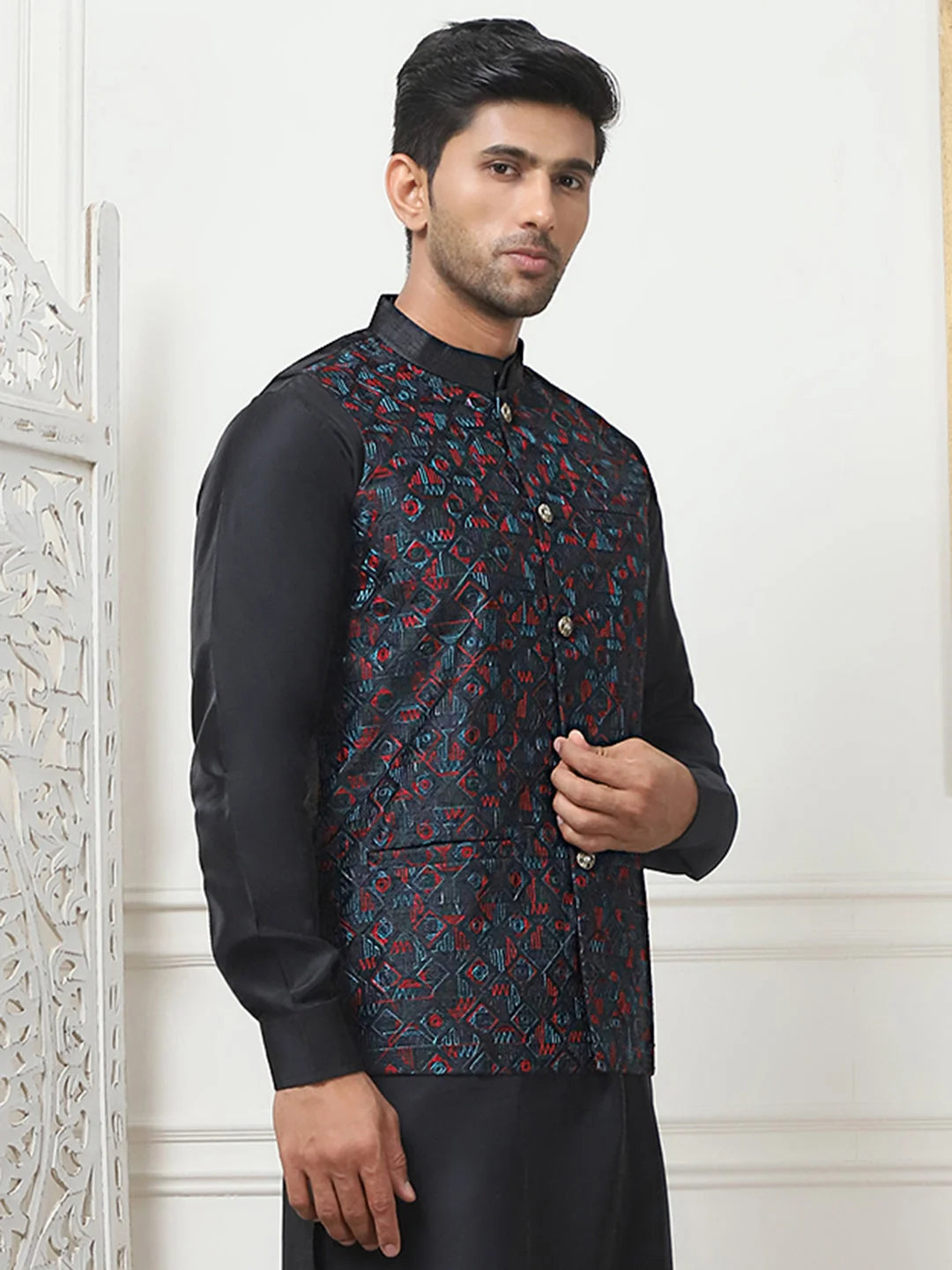 Black Embroidered Silk Blend Nehru Jacket | Men's Ethnic Wear