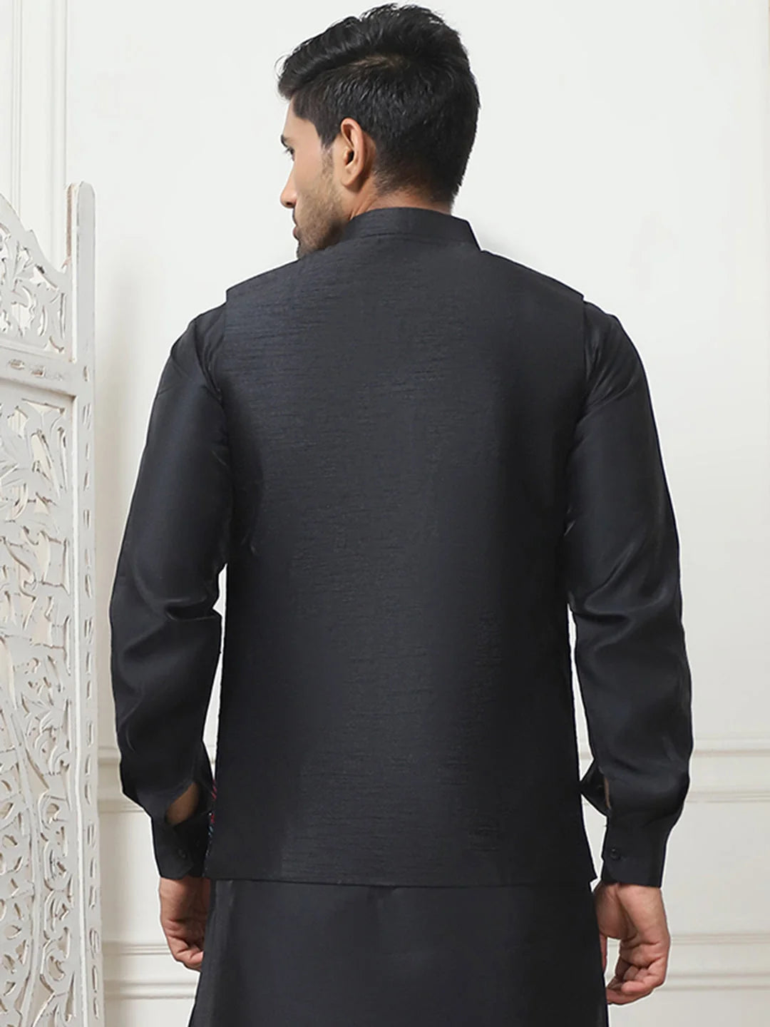 Black Embroidered Silk Blend Nehru Jacket | Men's Ethnic Wear