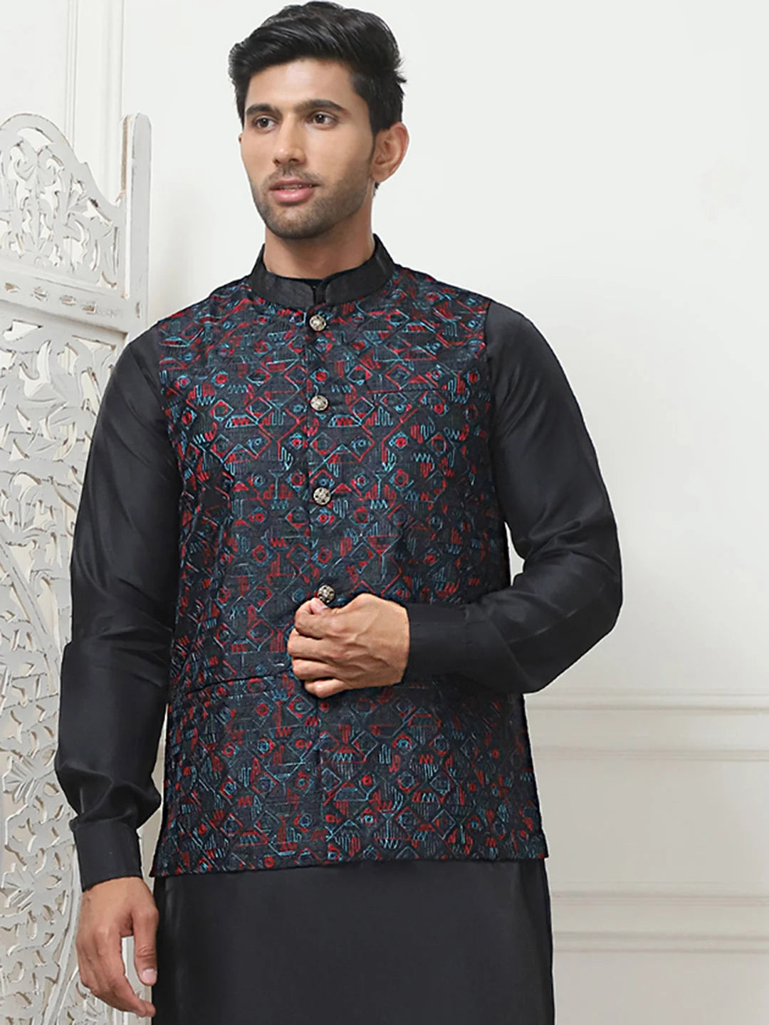 Black Embroidered Silk Blend Nehru Jacket | Men's Ethnic Wear