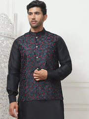 Embroidered Silk Blend Nehru Jacket-JOWC-4103Navy