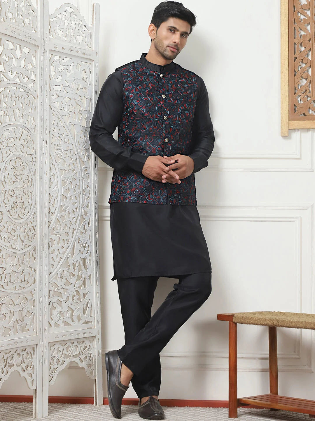 Black Embroidered Silk Blend Nehru Jacket | Men's Ethnic Wear