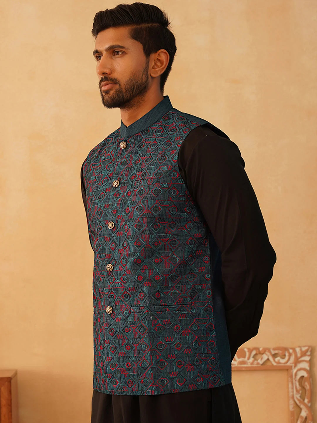 Teal Embroidered Silk Blend Nehru Jacket | Indian Nehru Jackets