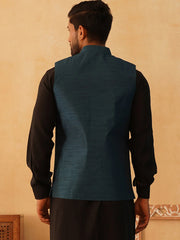 Embroidered Silk Blend Nehru Jacket-JOWC-4103Teal