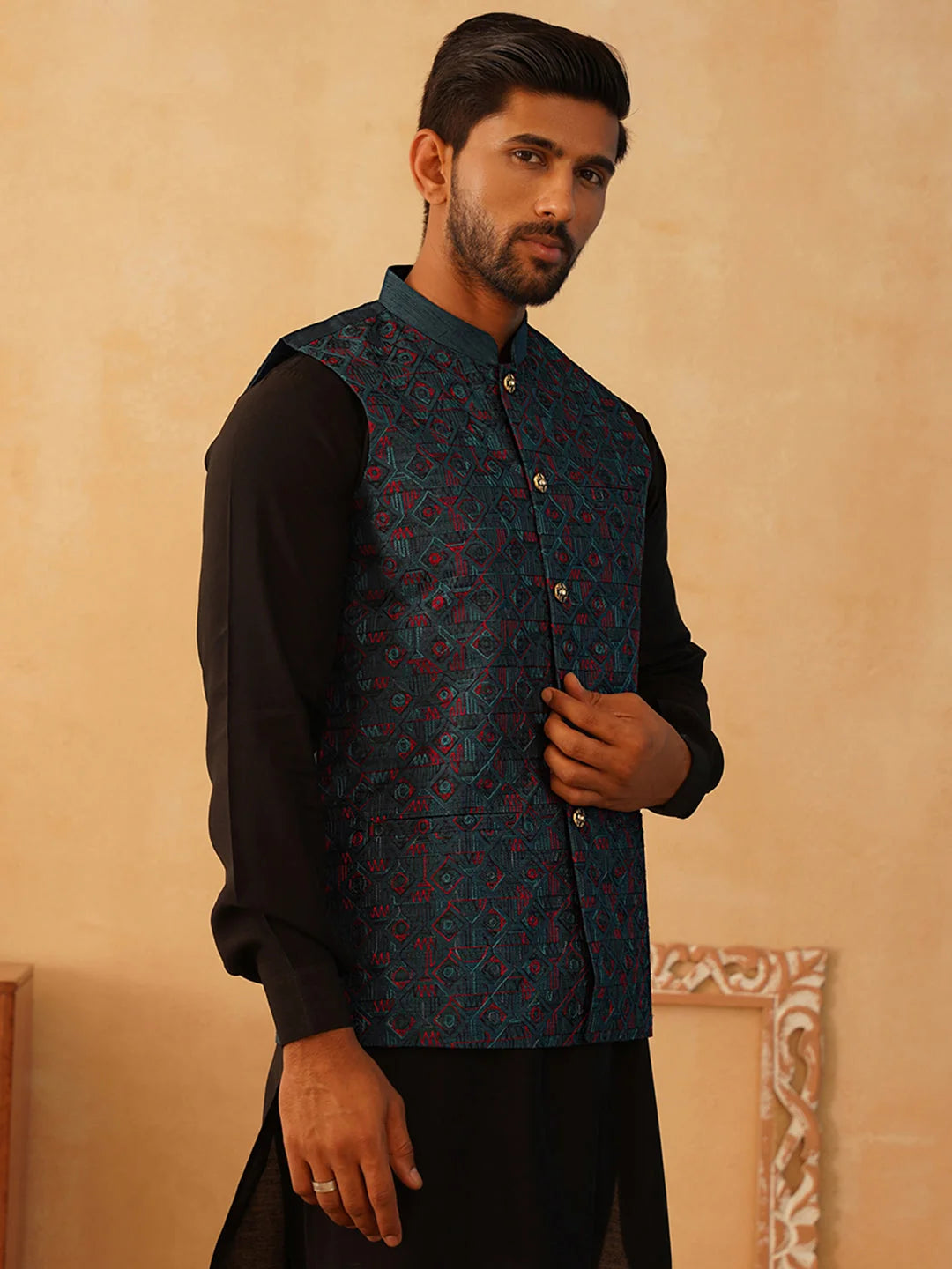 Teal Embroidered Silk Blend Nehru Jacket | Indian Nehru Jackets